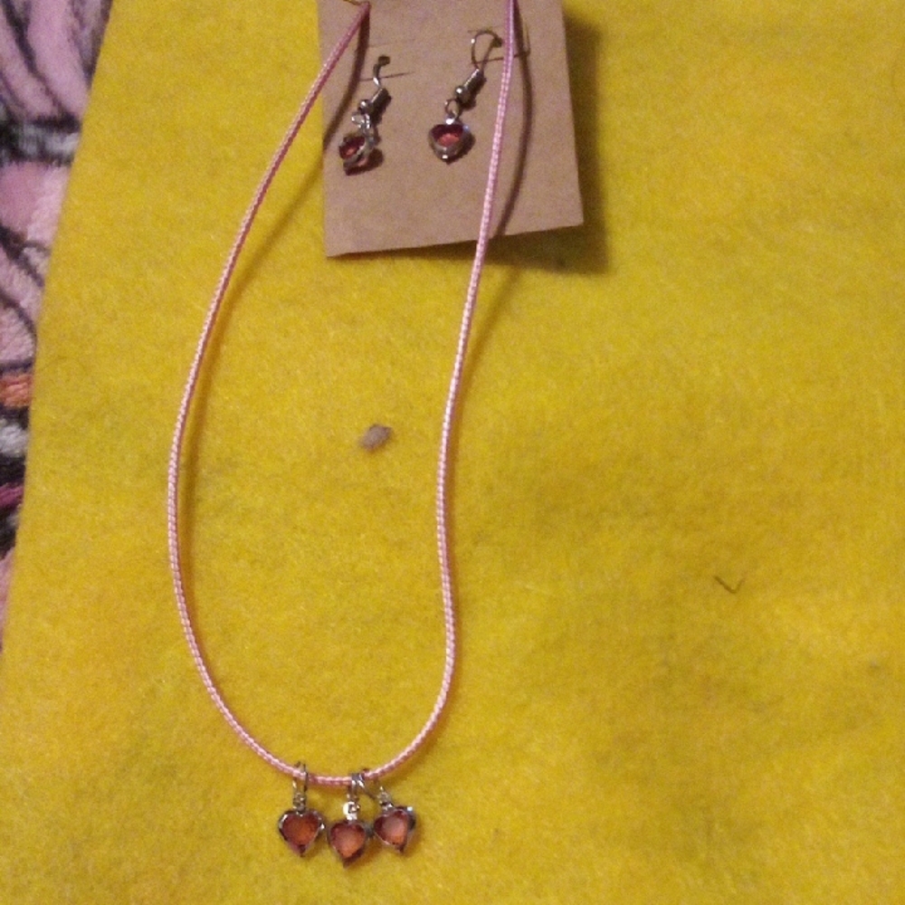 Heart Pendant Necklace and Earring Set - Pink